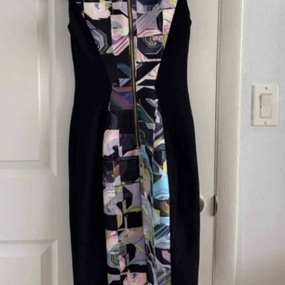 Ted Baker Black Midi Dress w/Pastel Mosaic Panel